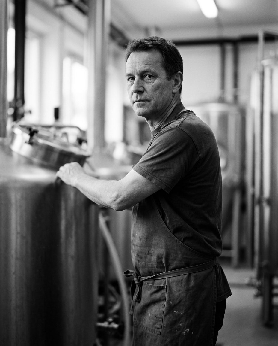 A brewmaster beside a fermenter