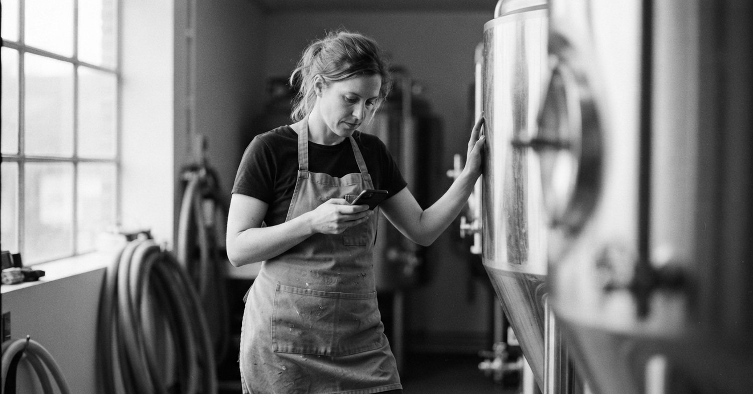 A brewer at a fermenter, taking a reading on her phone