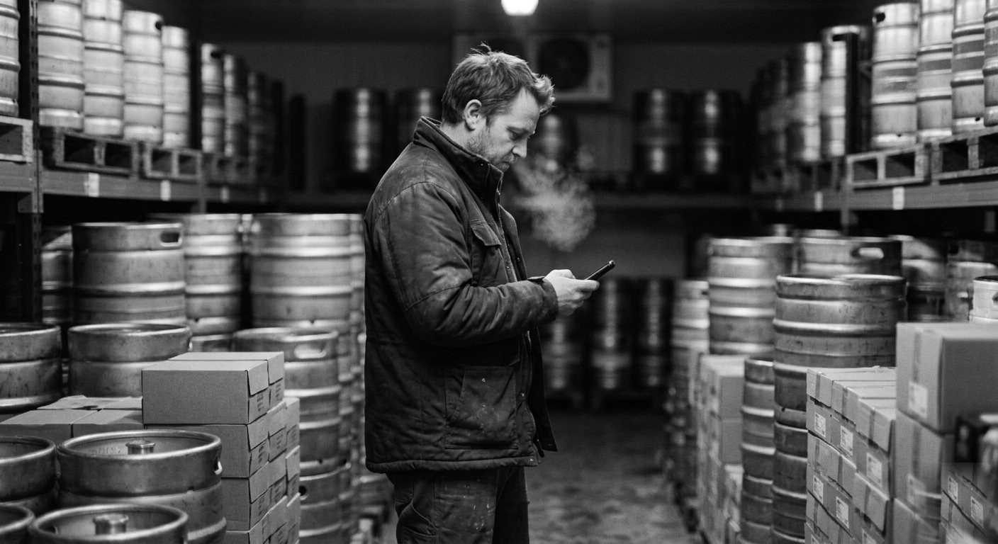 A brewer counting stock among stacked kegs in the cold room