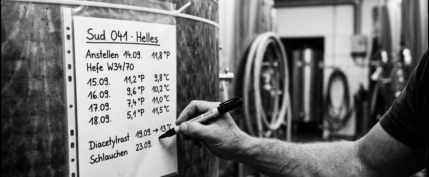 A brewer writing in marker on a fermentation sheet in a plastic sleeve, cable-tied to a fermenter