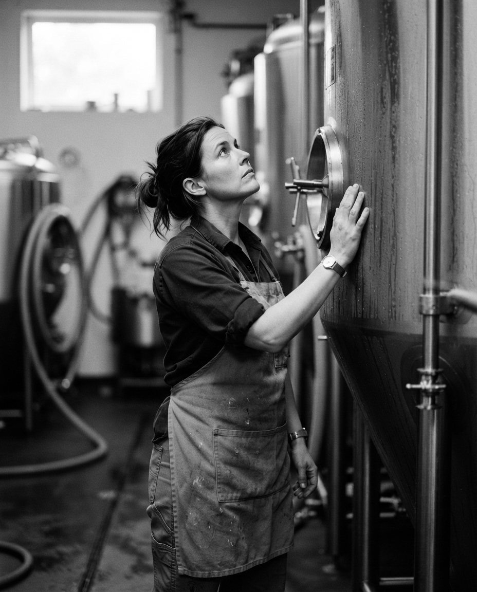 A brewer with her palm flat against the side of a fermenter, looking up the length of the tank