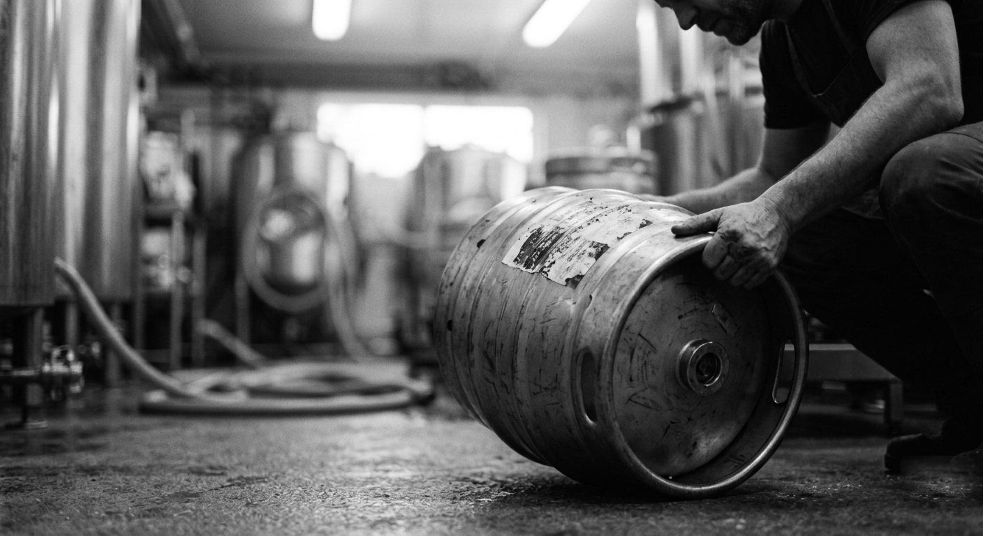A brewer rolling a returned keg across the brewery floor