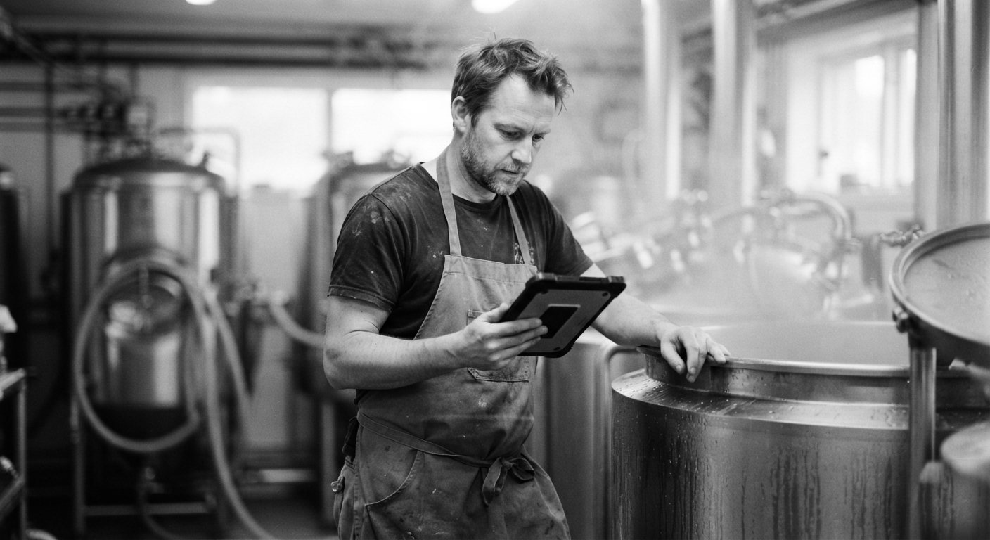 A brewer logging the mash on a tablet at the mash tun
