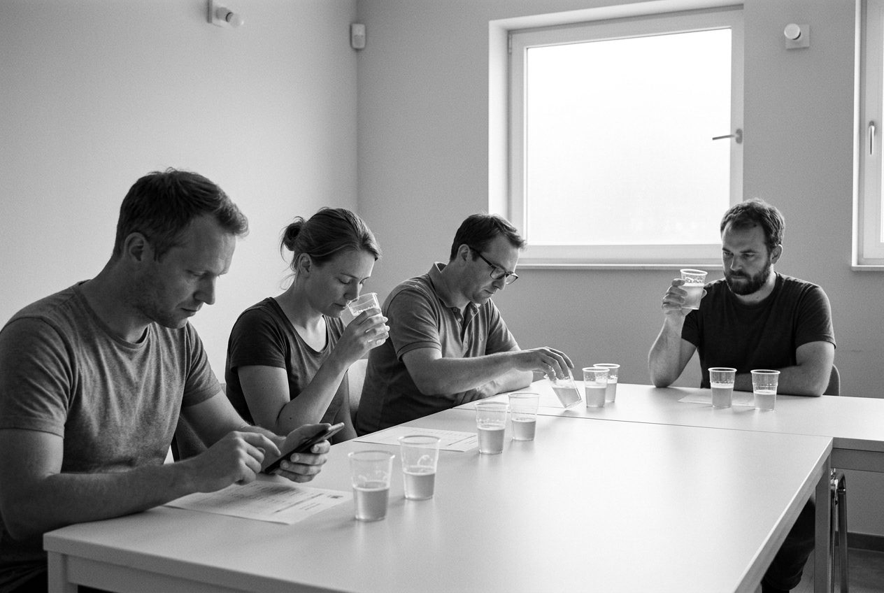 Four tasters at a table in a clean room with coded plastic cups and answer sheets