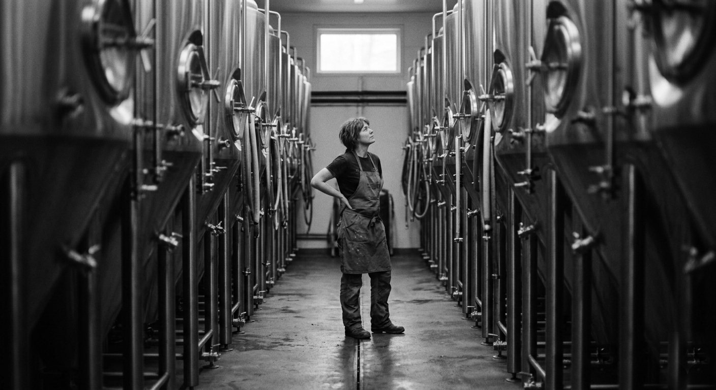 A brewer alone between two rows of full fermenters