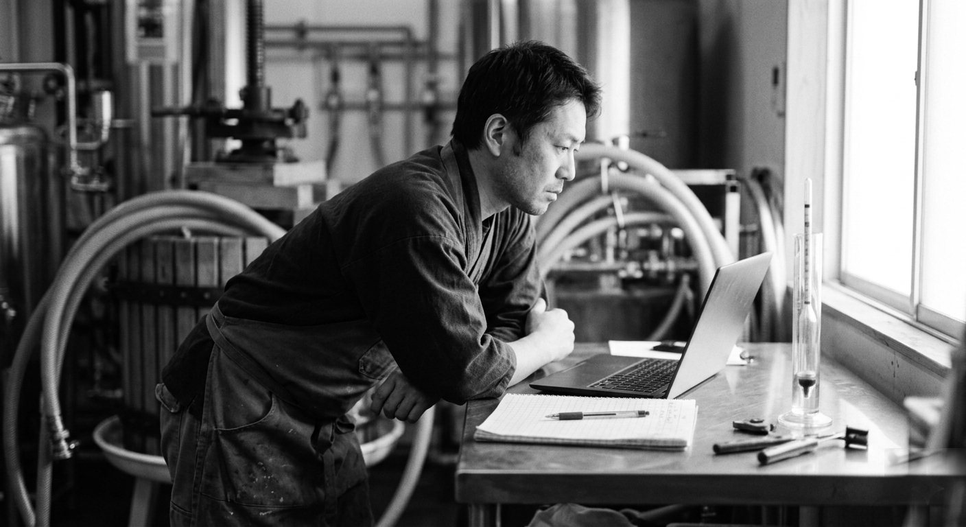 A brewer reading a laptop on a bench in the brewery