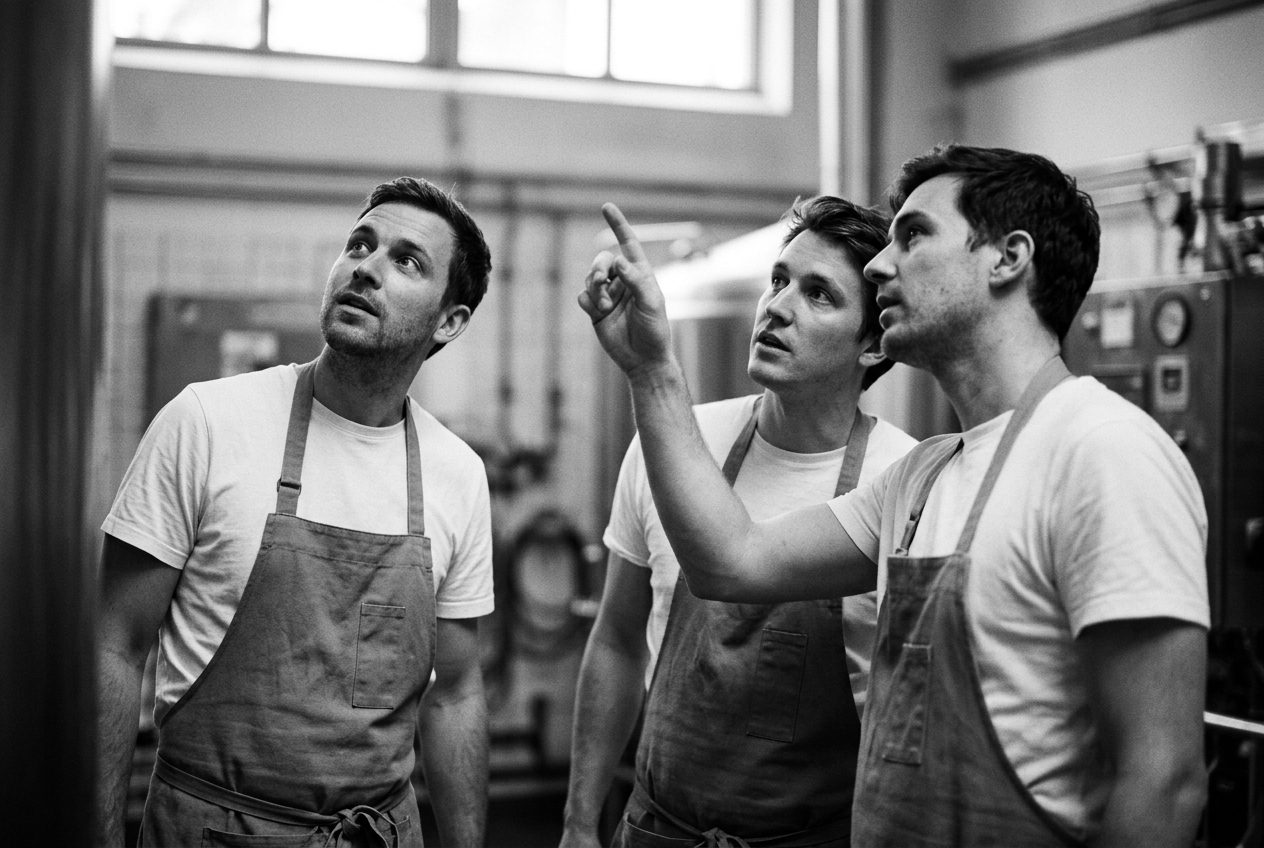 Three brewers in aprons looking up at a fermenter, one pointing