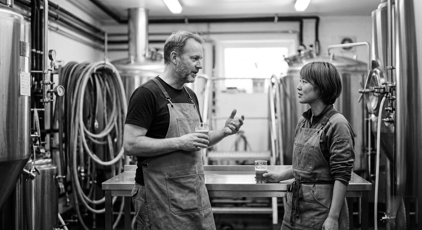 Two brewers talking over a bench, glasses in hand