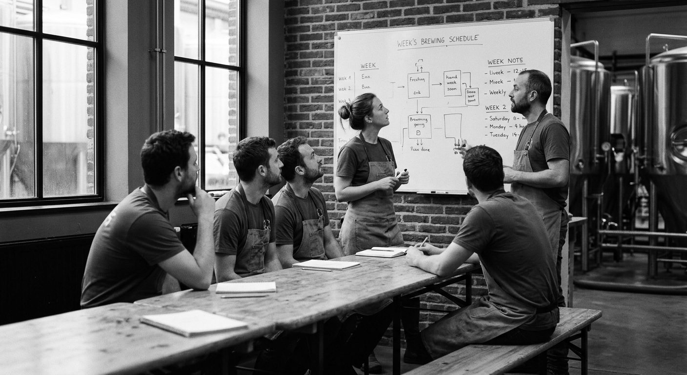 A brewery crew around a table while two of them work through the week on a whiteboard