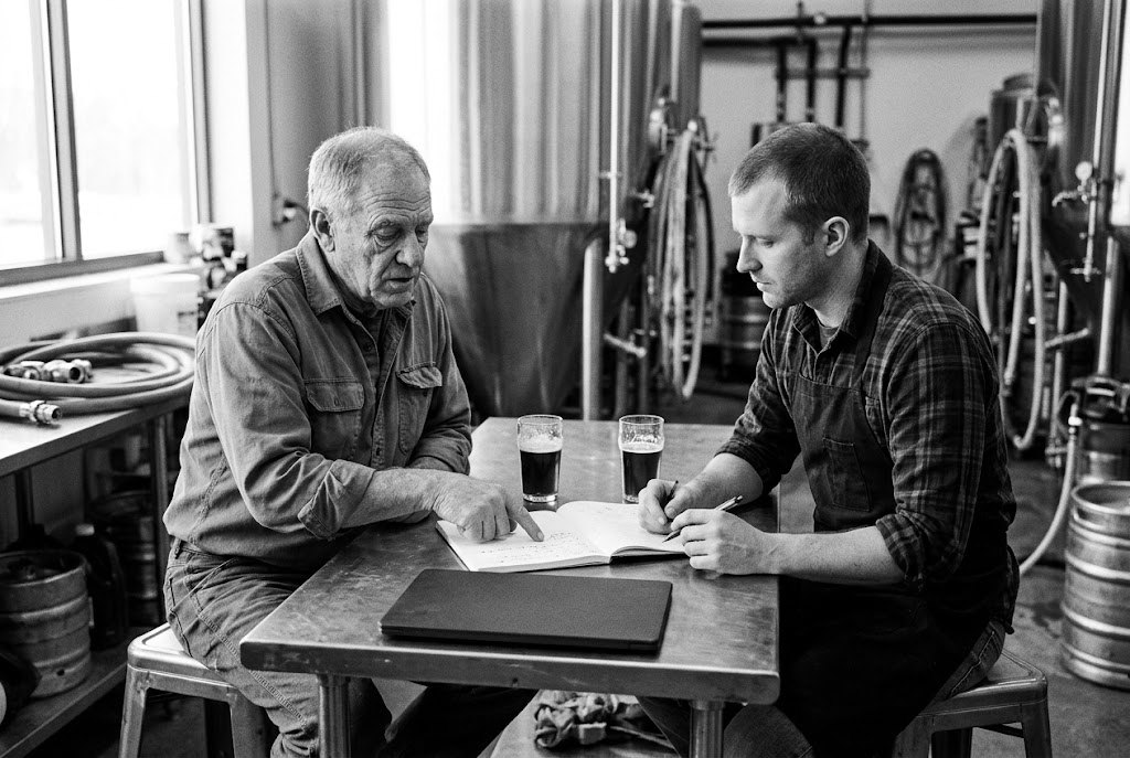 A brewmaster and a head brewer at a steel bench in the brewery, going through a notebook of brewing notes, two glasses of beer between them